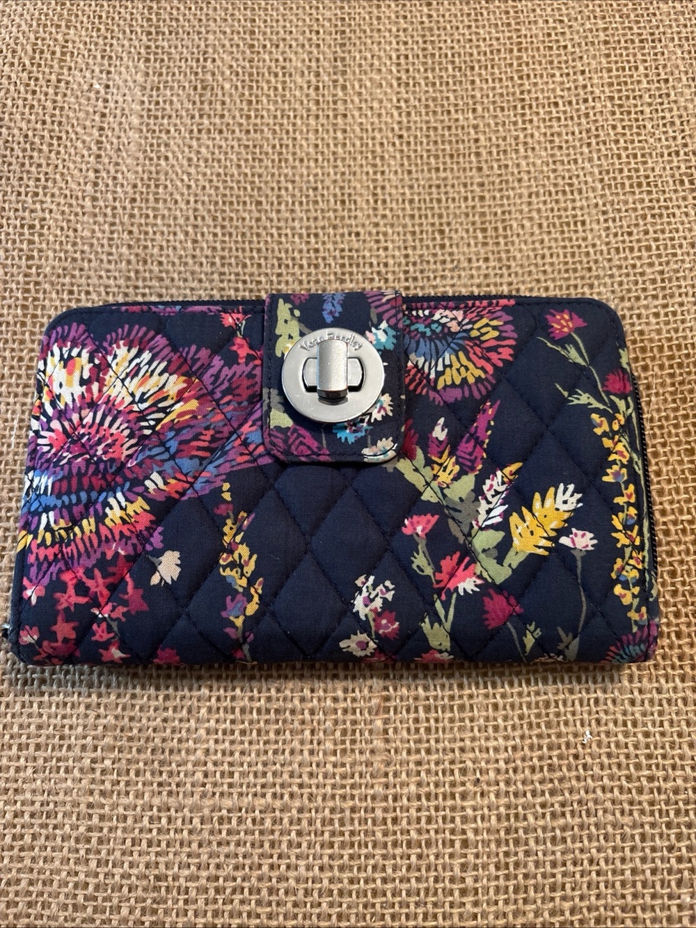 VERA BRADLEY Turn Lock Wallet In Midnight Wildflowes Pattern RFID Zip Around!